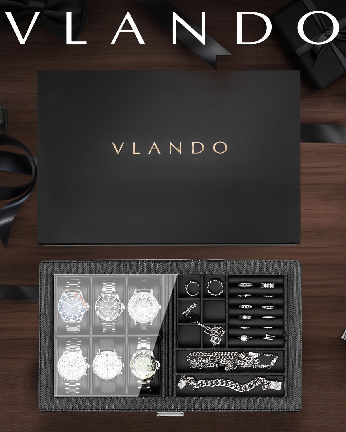 VLANDO Large 6-Slot Lockable Watch Box Organizer with Glass Lid & Accessory Storage