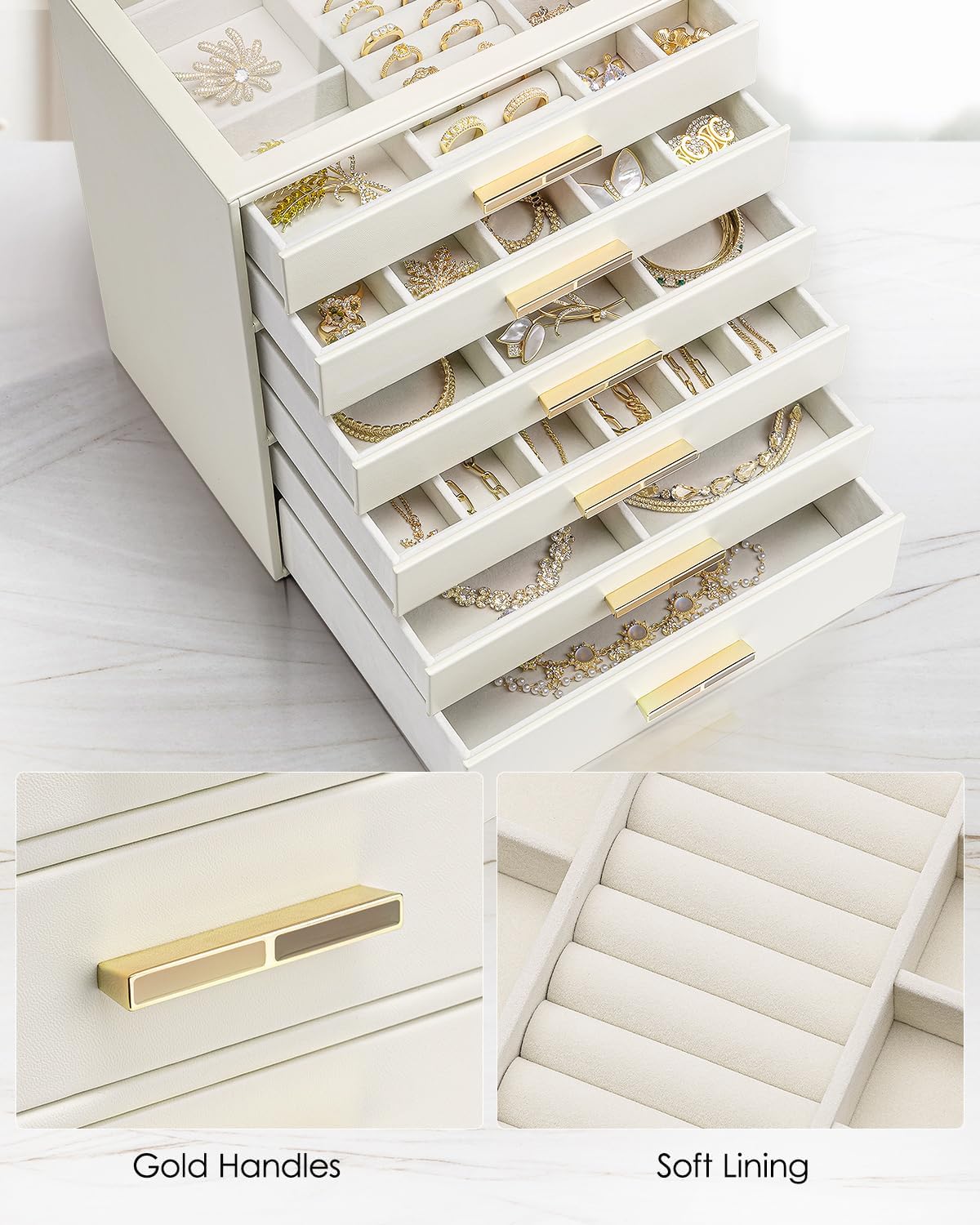 VLANDO Cinderella 6-Drawer Quiet Luxe Jewelry Box Organizer with Glass Lid