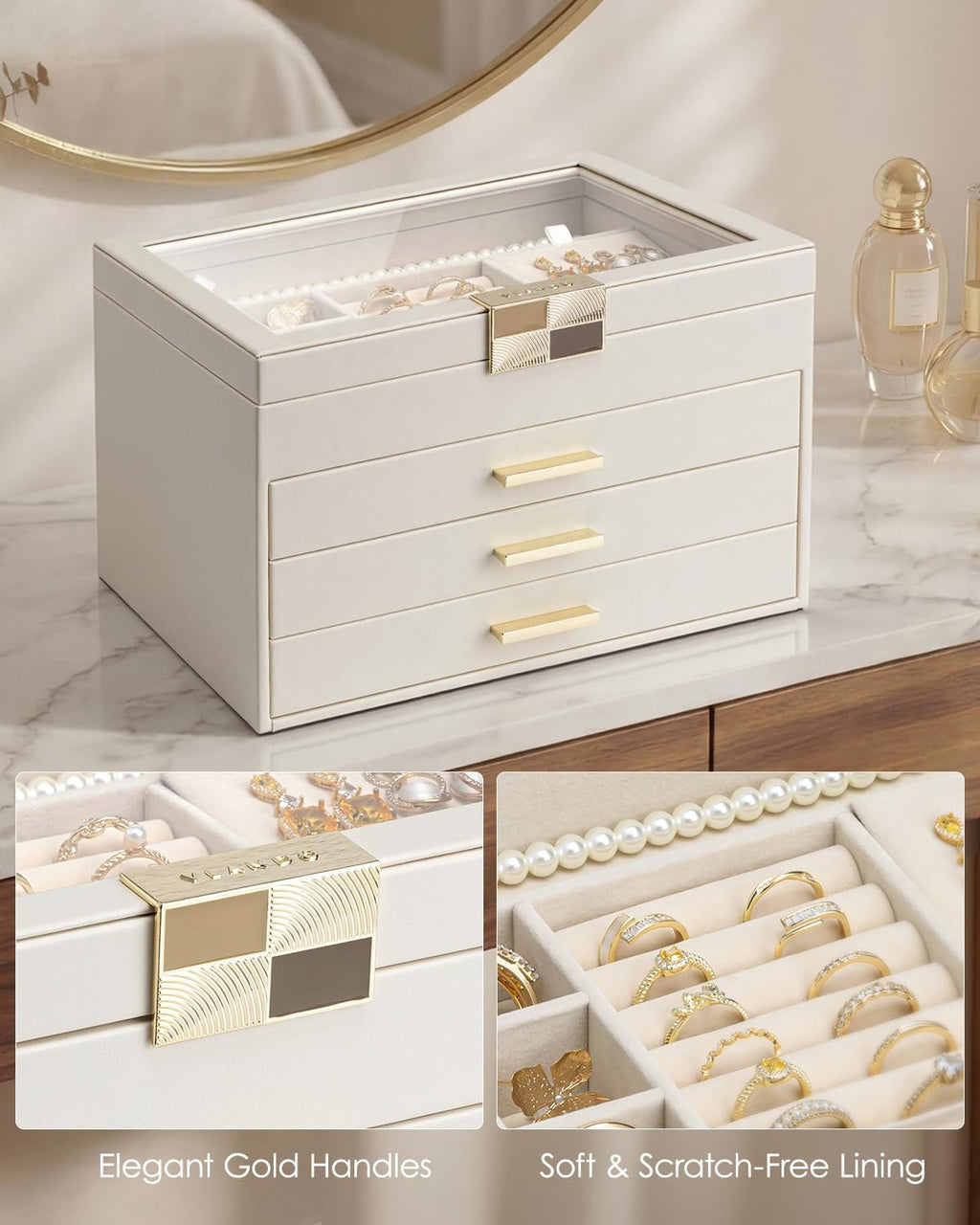 VLANDO Moonlit Mirror 4-Layer Jewelry Box with Glass Lid & Drawers