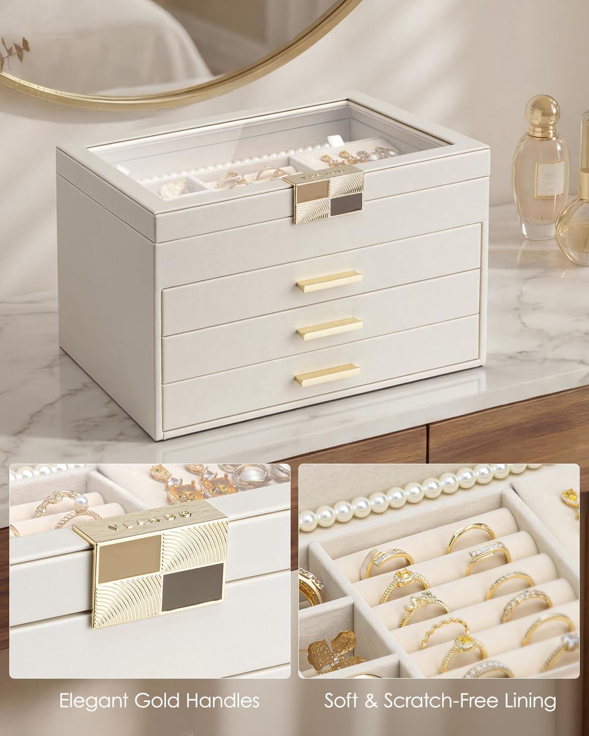 VLANDO Moonlit Mirror 4-Layer Jewelry Box with Glass Lid & Drawers