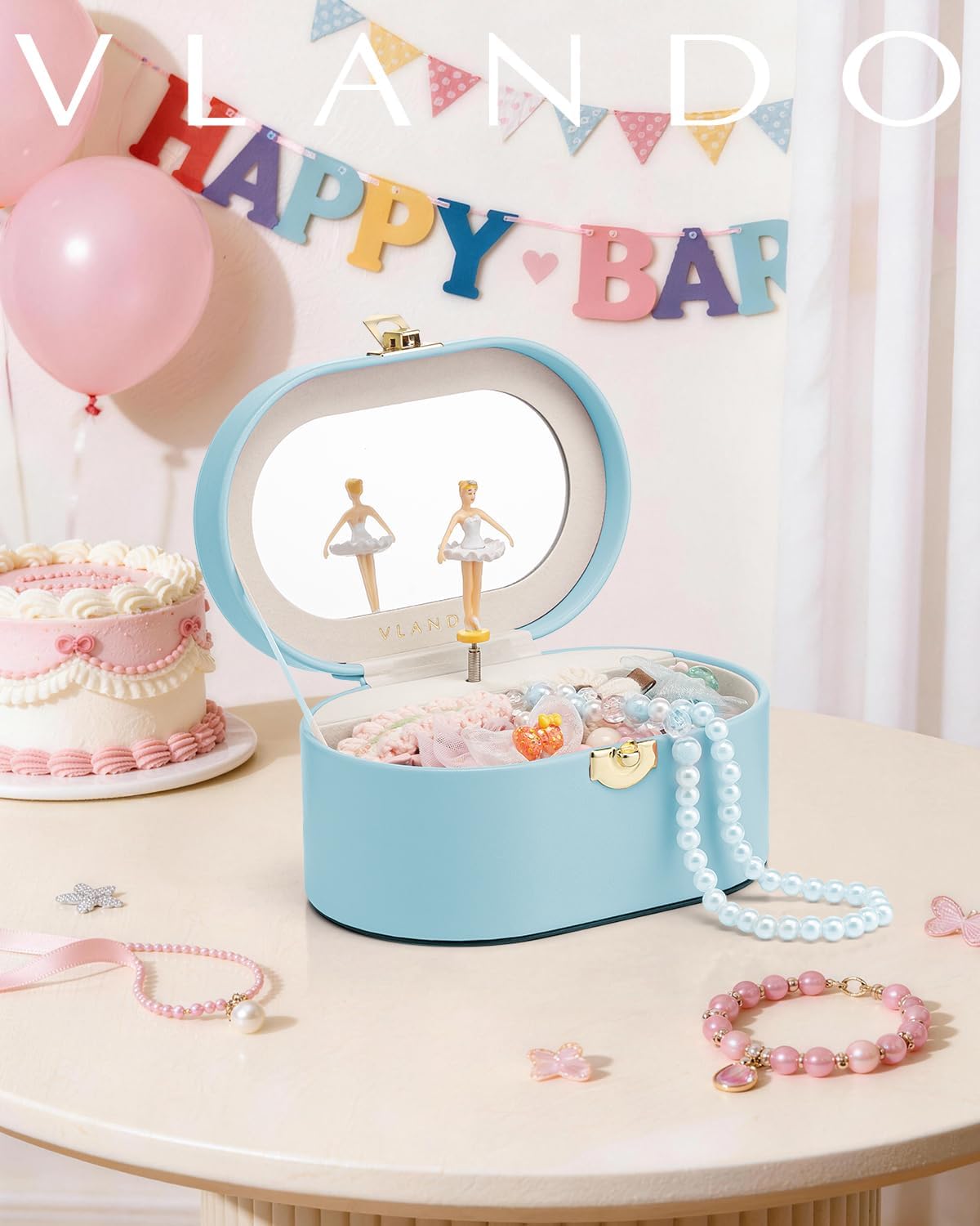 VLANDO Oval Music Box Musical Jewelry Box for Girls – Spinning Ballerina, Soft Faux Leather Kids Jewelry Organizer & Mirror