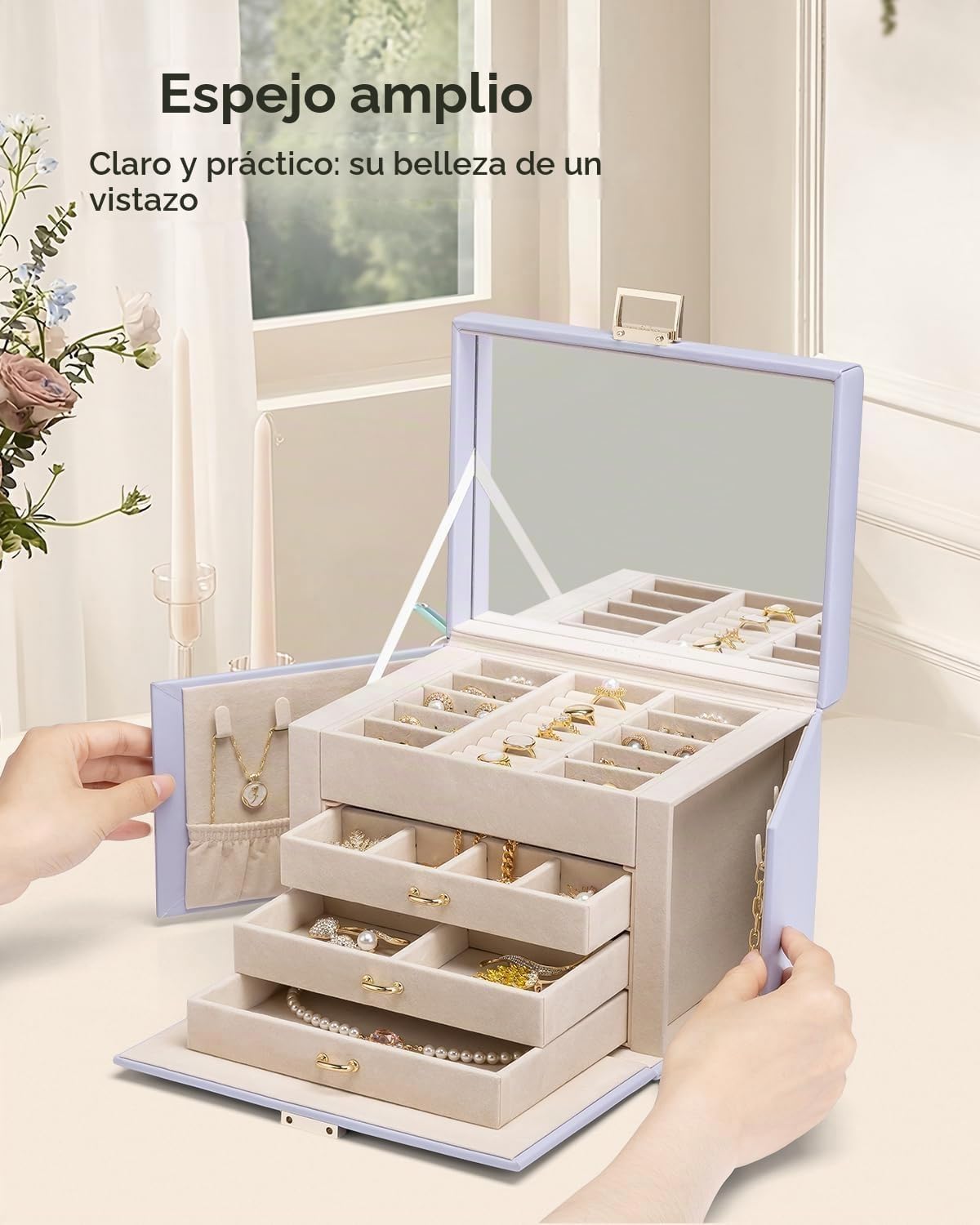 منظم صندوق مجوهرات كبير من VLANDO Quiet Luxe مكون من 4 طبقات مع مرآة وأدراج - حقيبة تخزين مجوهرات جلدية