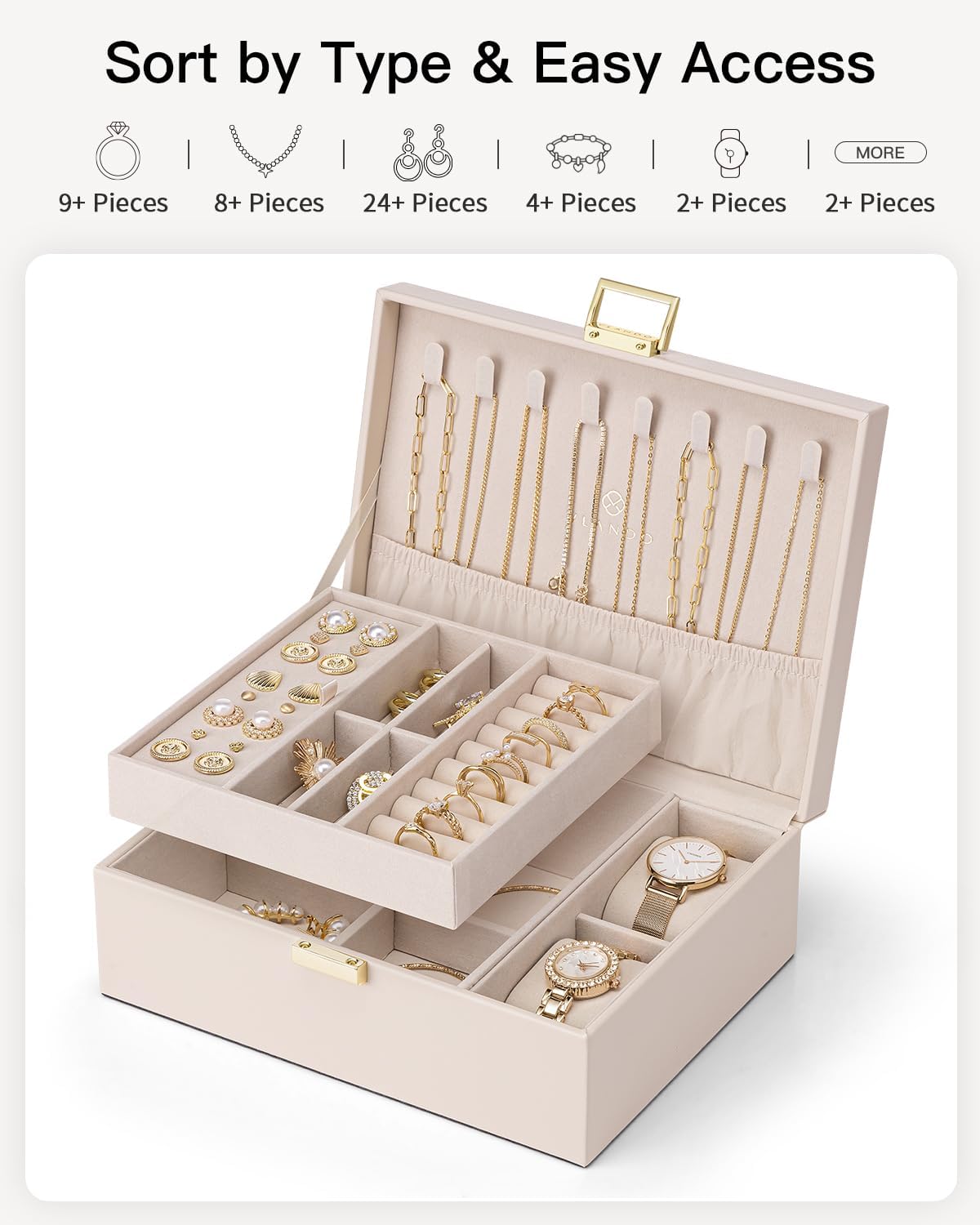 VLANDO Omela Plus Everyday Keepsake 2-Layer Large Leather Jewelry Box Organizer with Removable Tray & Watch Pillow