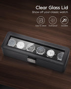 VLANDO 6-Slot Lockable Leather Watch Box with Glass Lid & Soft Pillows