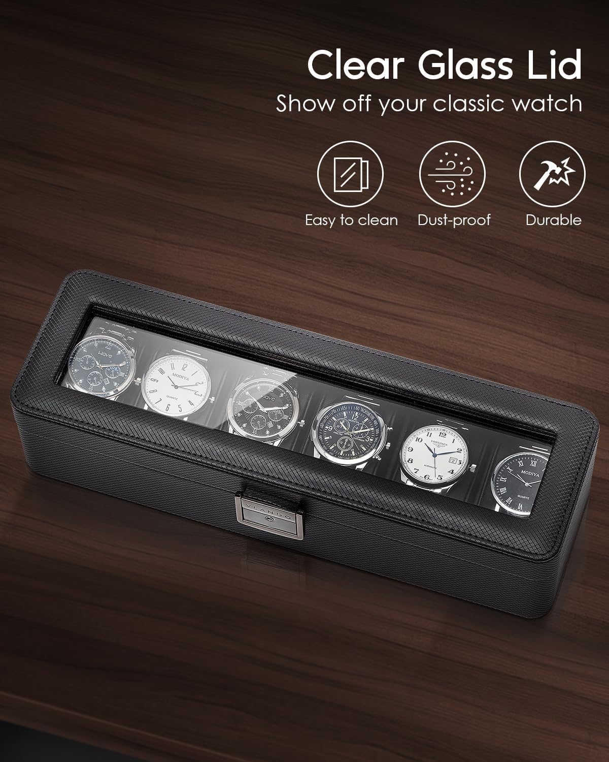 VLANDO 6-Slot Lockable Leather Watch Box with Glass Lid & Soft Pillows