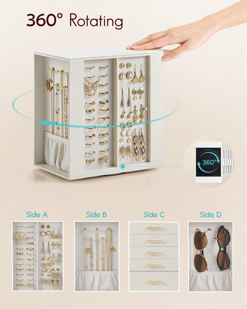 VLANDO Rotating Jewelry Box – Quiet Luxe 360° Large Jewelry Organizer with 5 Drawers
