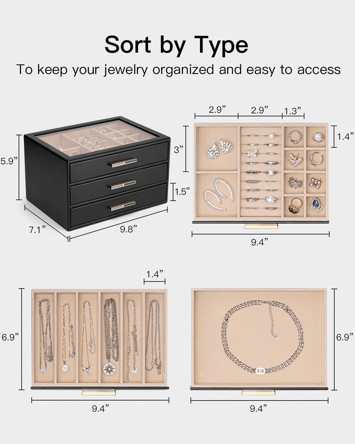 VLANDO Cinderella‑3 drawers Quiet Luxe 3‑Layer Glass Lid Jewelry Box Organizer