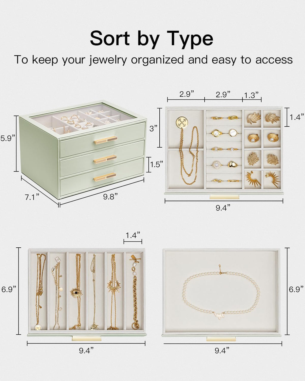 VLANDO Cinderella‑3 drawers Quiet Luxe 3‑Layer Glass Lid Jewelry Box Organizer