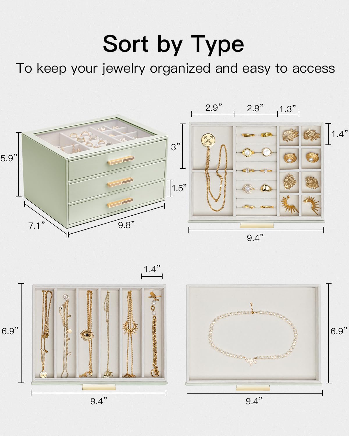 VLANDO Cinderella‑3 drawers Quiet Luxe 3‑Layer Glass Lid Jewelry Box Organizer