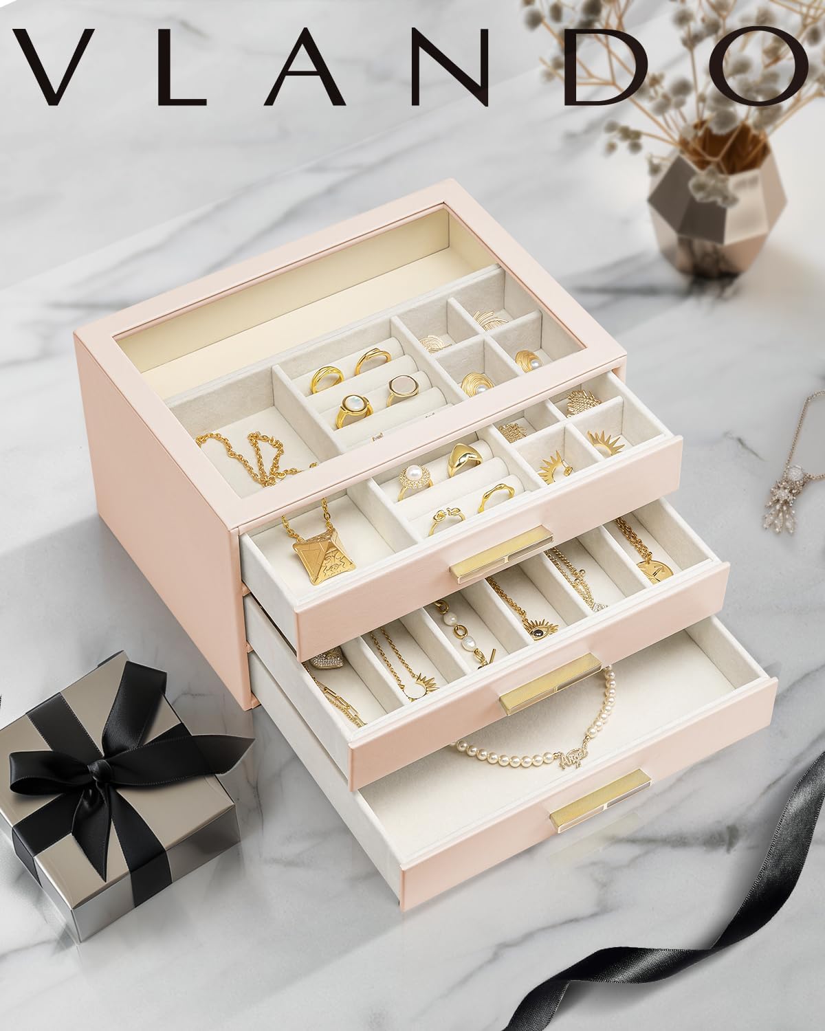 VLANDO Cinderella‑3 drawers Quiet Luxe 3‑Layer Glass Lid Jewelry Box Organizer