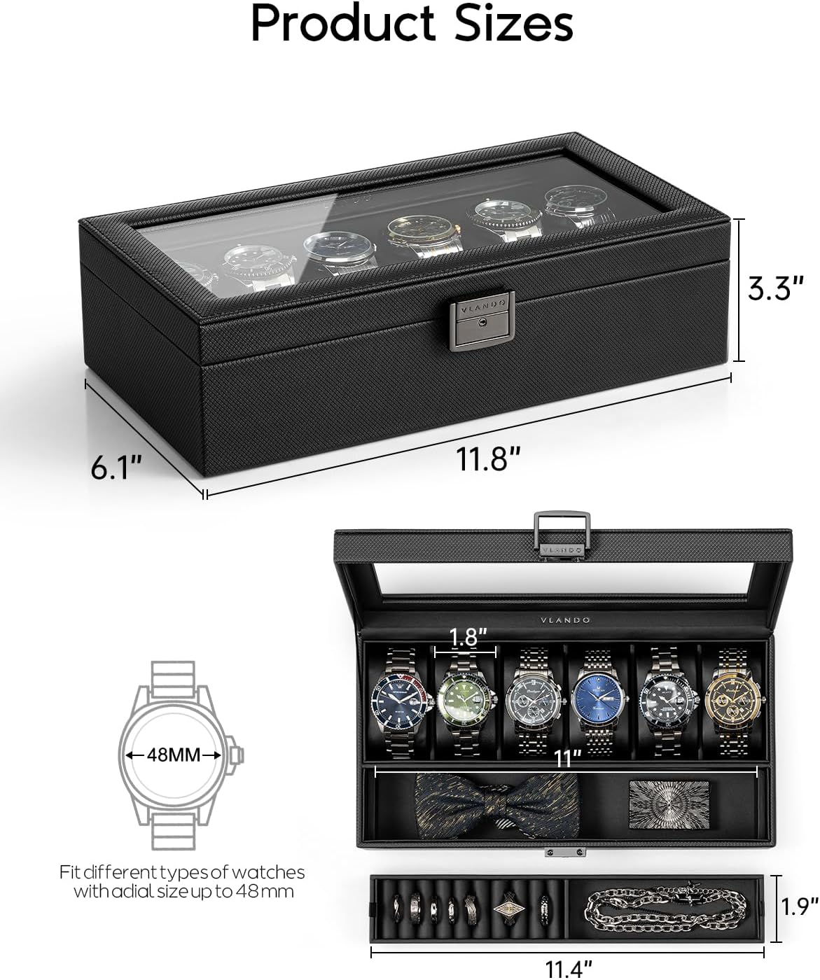 VLANDO 6‑bit watch box with ring holder 6‑Slot Lockable Watch Box Organizer with Glass Lid & Removable Tray