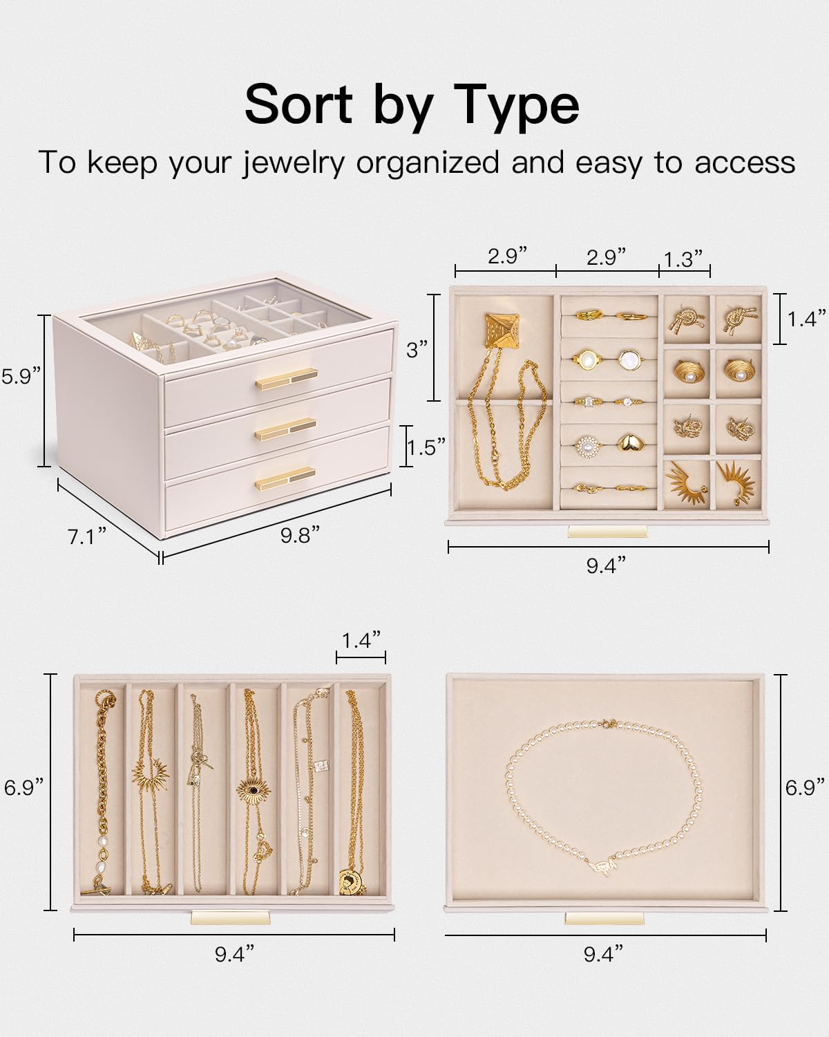 VLANDO Cinderella‑3 drawers Quiet Luxe 3‑Layer Glass Lid Jewelry Box Organizer