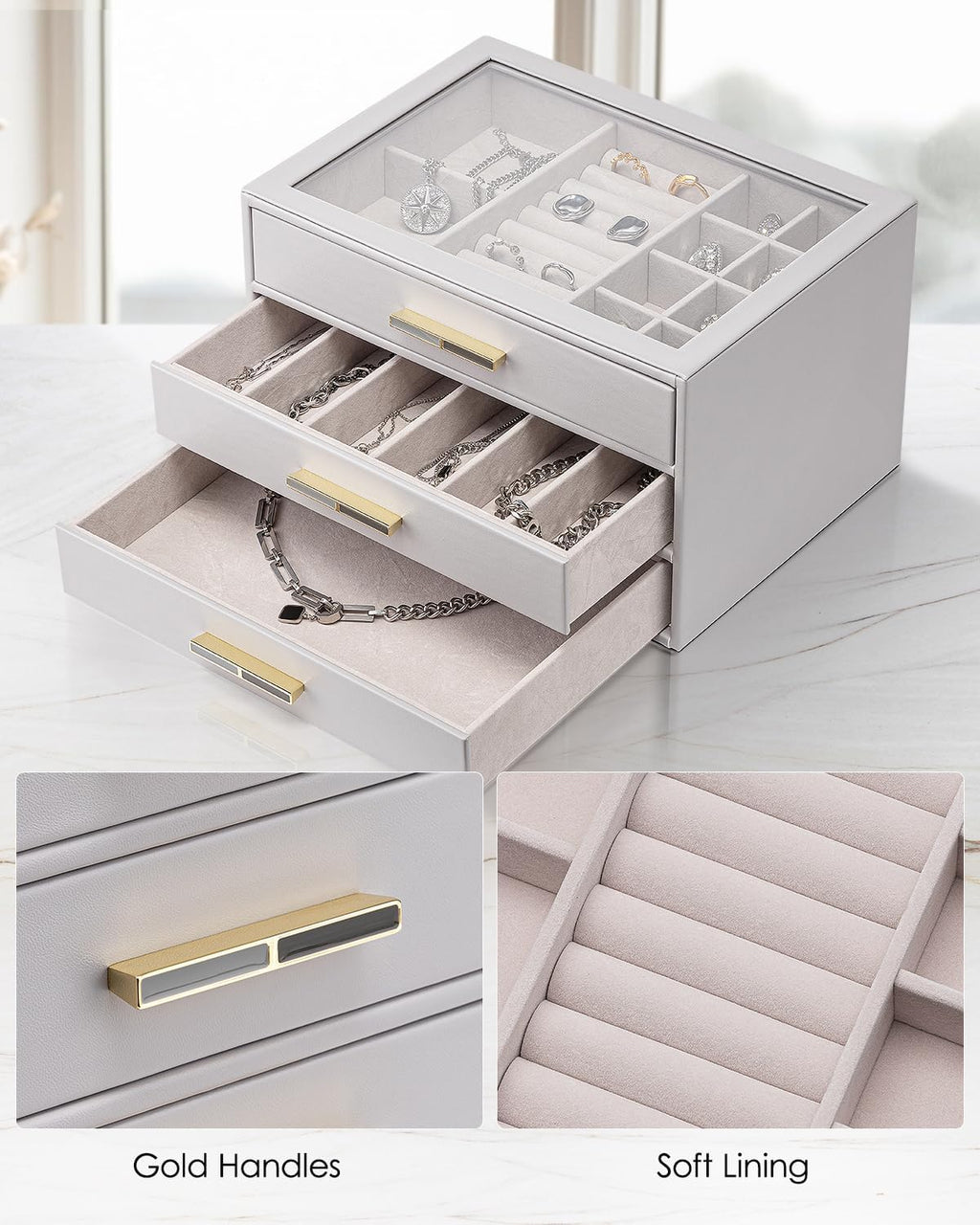 VLANDO Cinderella‑3 drawers Quiet Luxe 3‑Layer Glass Lid Jewelry Box Organizer