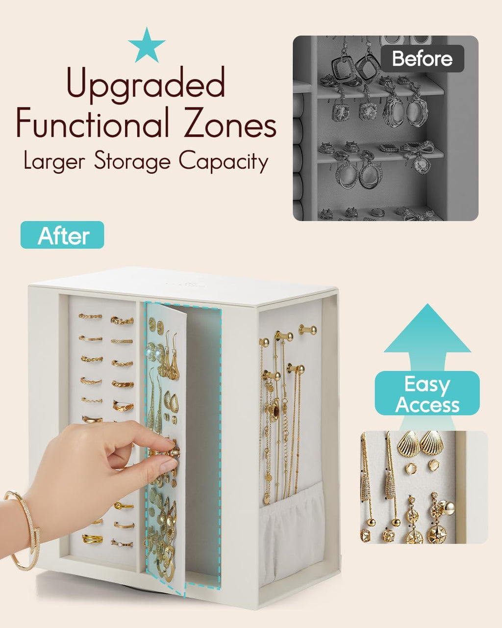 VLANDO Rotating Jewelry Box – Quiet Luxe 360° Large Jewelry Organizer with 5 Drawers