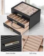 VLANDO Cinderella‑3 drawers Quiet Luxe 3‑Layer Glass Lid Jewelry Box Organizer