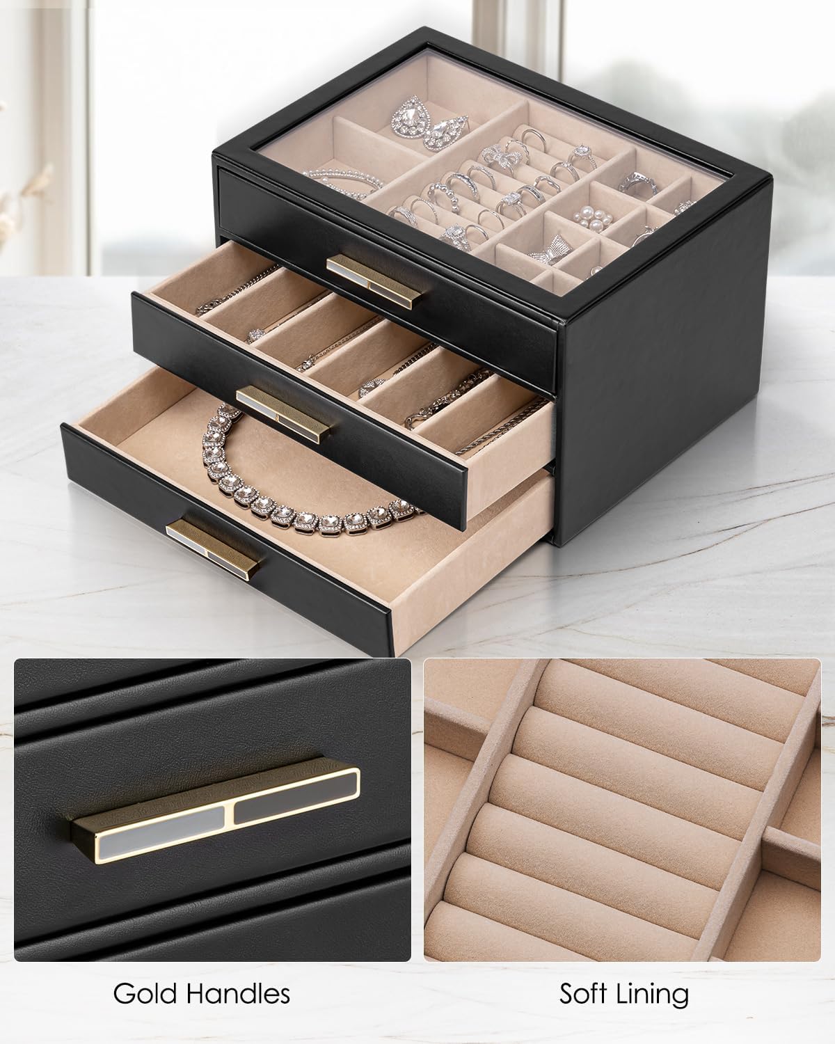 VLANDO Cinderella‑3 drawers Quiet Luxe 3‑Layer Glass Lid Jewelry Box Organizer