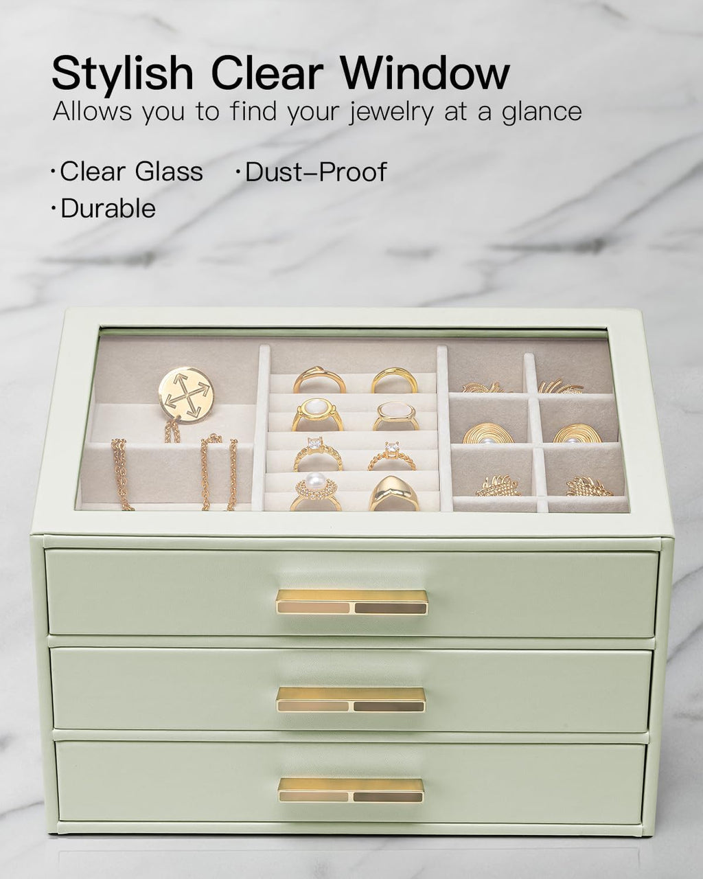 VLANDO Cinderella‑3 drawers Quiet Luxe 3‑Layer Glass Lid Jewelry Box Organizer