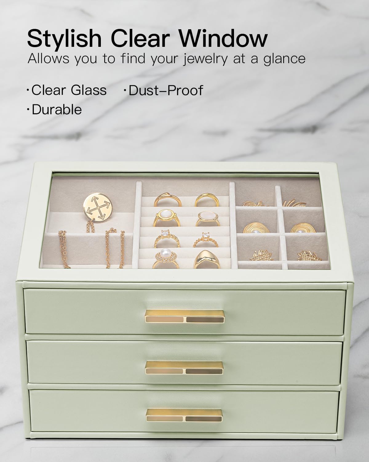 VLANDO Cinderella‑3 drawers Quiet Luxe 3‑Layer Glass Lid Jewelry Box Organizer