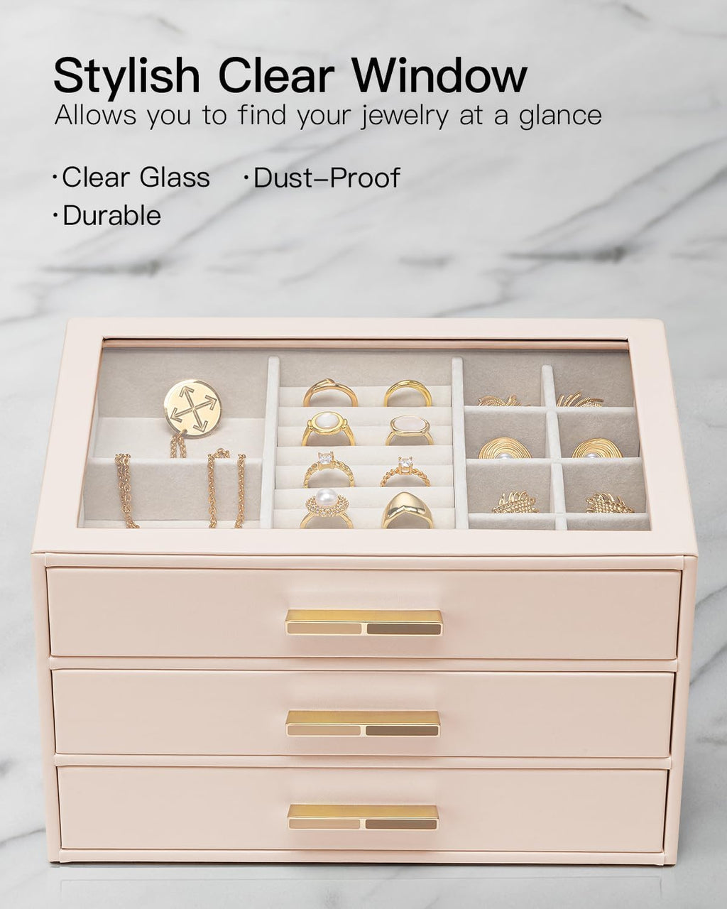 VLANDO Cinderella‑3 drawers Quiet Luxe 3‑Layer Glass Lid Jewelry Box Organizer