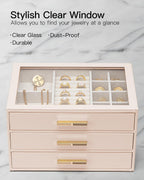 VLANDO Cinderella‑3 drawers Quiet Luxe 3‑Layer Glass Lid Jewelry Box Organizer