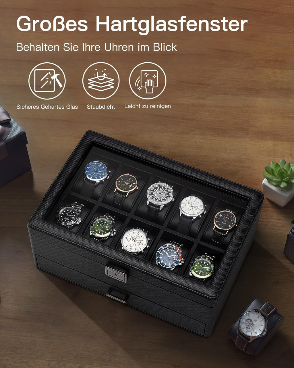 VLANDO lockable watch box, drawer and tray organization