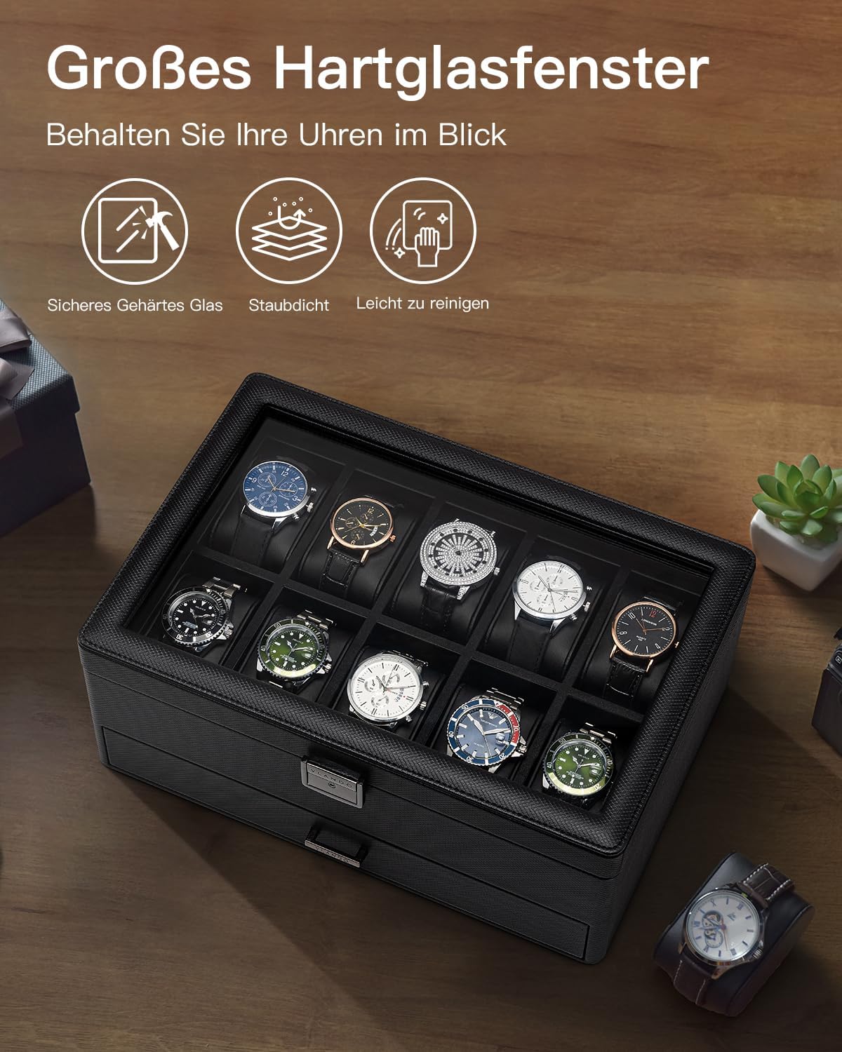 VLANDO 10-Slot Lockable Watch Box for Men | Glass Lid Watch Case