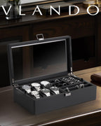 VLANDO Large 6-Slot Lockable Watch Box Organizer with Glass Lid & Accessory Storage