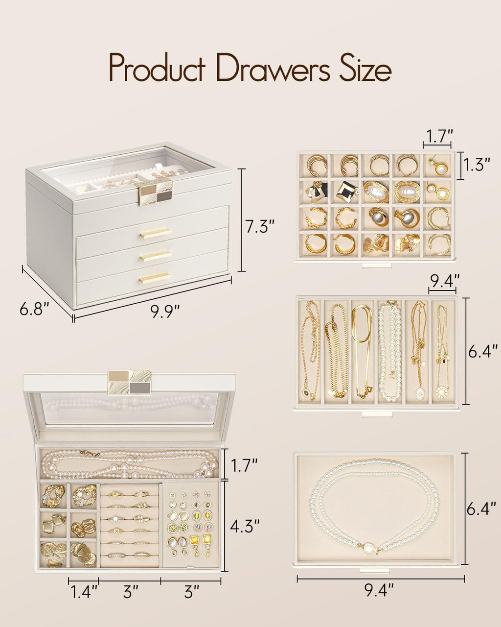 VLANDO Moonlit Mirror 4-Layer Jewelry Box with Glass Lid & Drawers