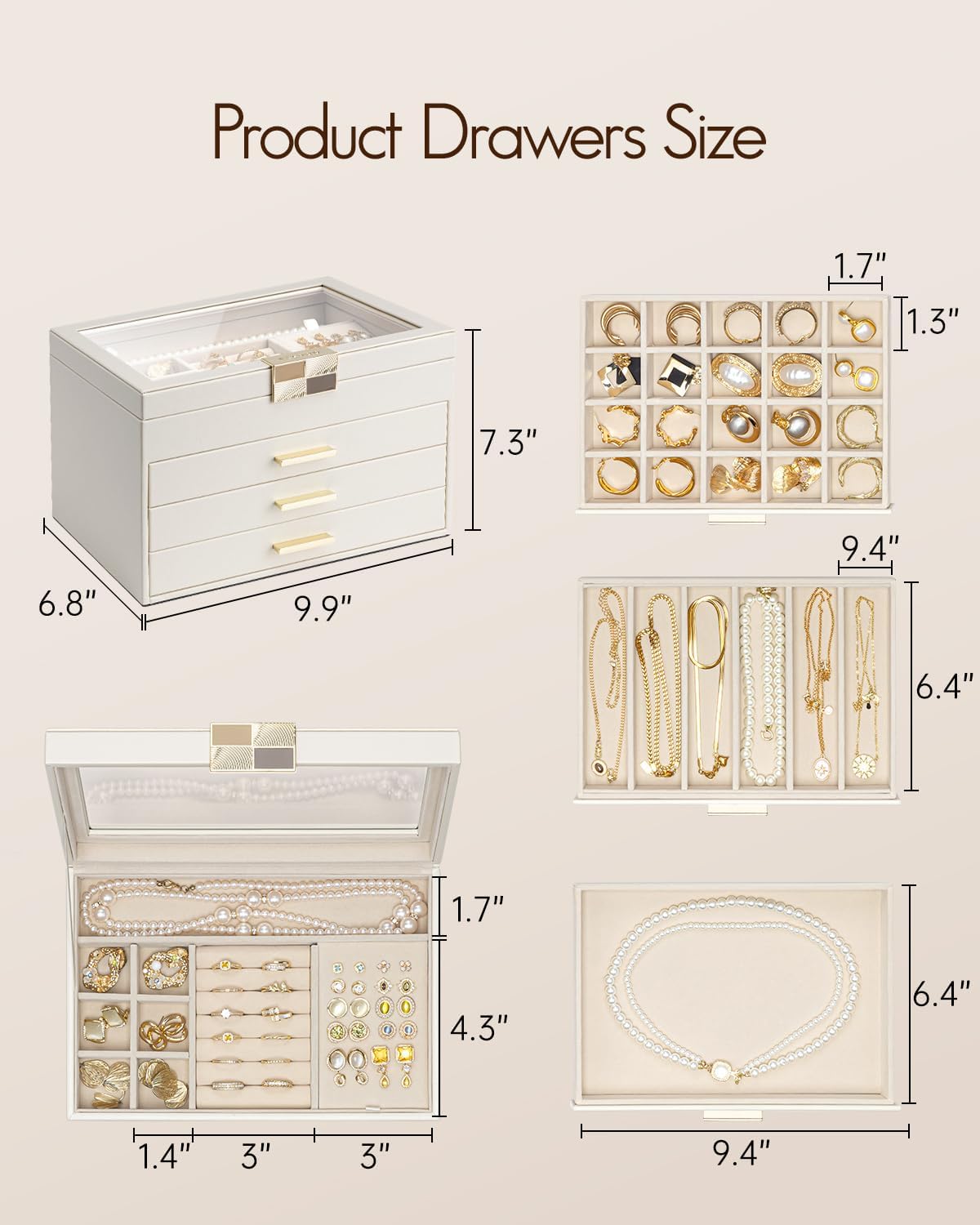 VLANDO Moonlit Mirror 4-Layer Jewelry Box with Glass Lid & Drawers