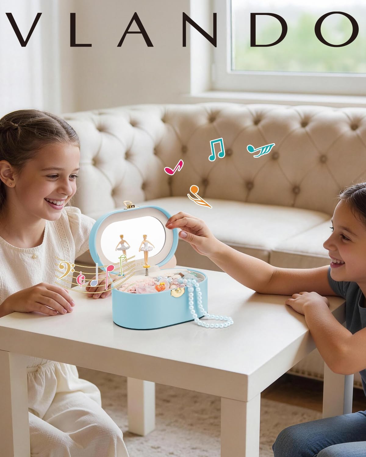 VLANDO Oval Music Box Musical Jewelry Box for Girls – Spinning Ballerina, Soft Faux Leather Kids Jewelry Organizer & Mirror