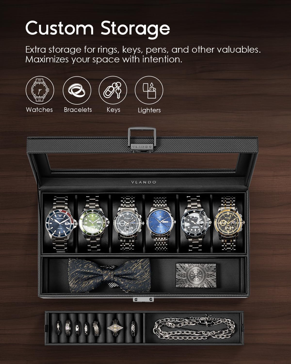VLANDO 6‑bit watch box with ring holder 6‑Slot Lockable Watch Box Organizer with Glass Lid & Removable Tray