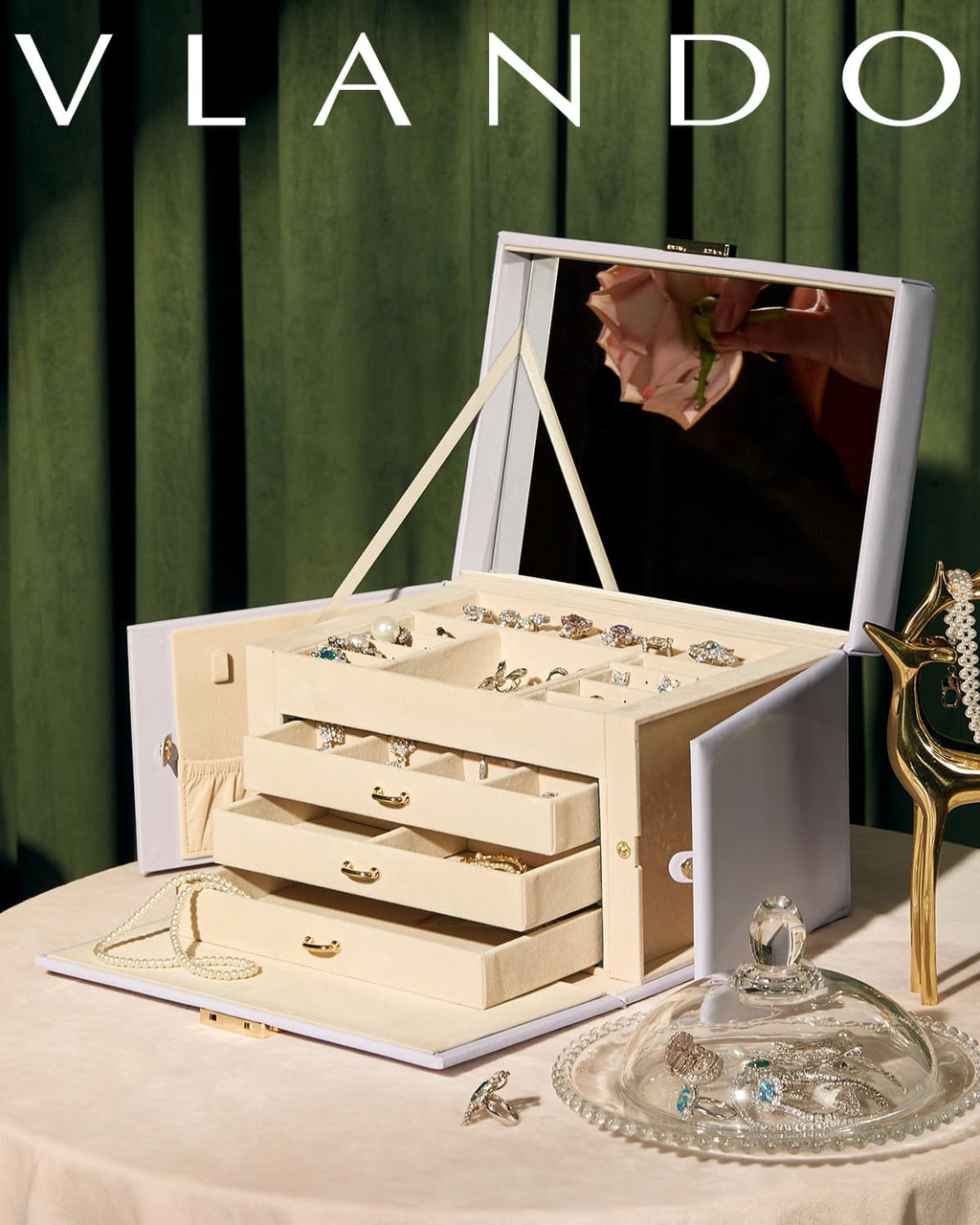VLANDO Large Jewelry Box Organizer with Mirror & 3 Drawers For Women Girls