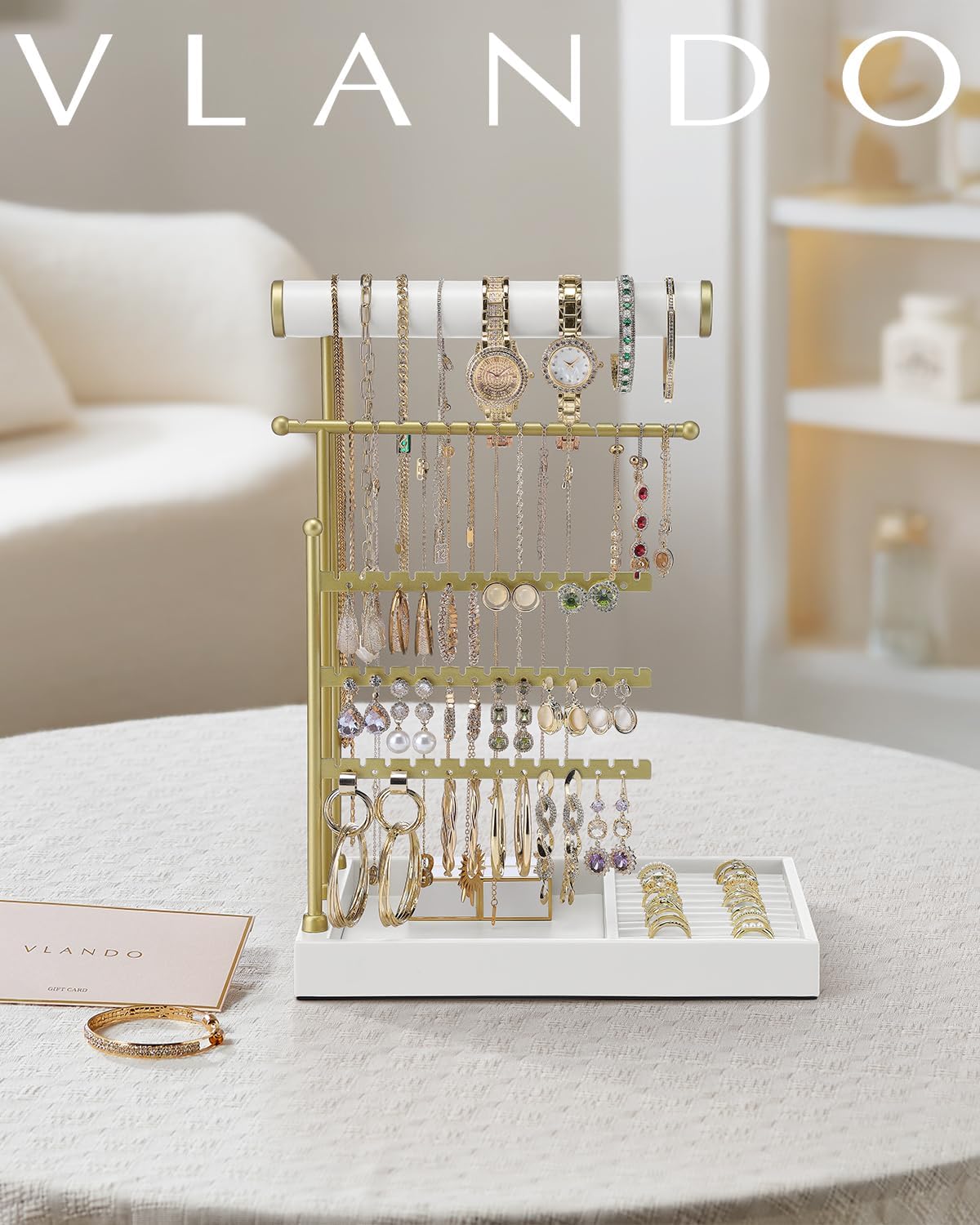 VLANDO Everyday Keepsake Jewelry Stand Organizer with Ring Holder & Tray — Necklace & Earring Display US Exclusive Deal