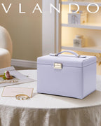 منظم صندوق مجوهرات كبير من VLANDO Quiet Luxe مكون من 4 طبقات مع مرآة وأدراج - حقيبة تخزين مجوهرات جلدية