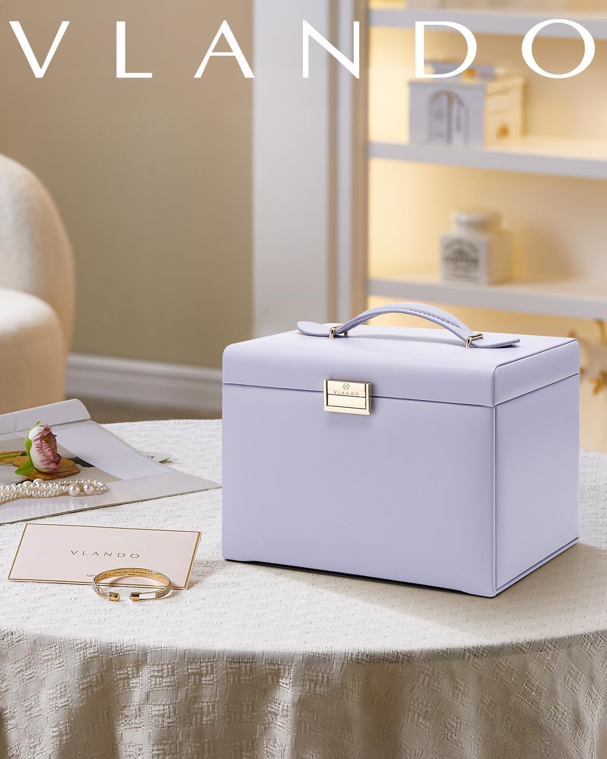 منظم صندوق مجوهرات كبير من VLANDO Quiet Luxe مكون من 4 طبقات مع مرآة وأدراج - حقيبة تخزين مجوهرات جلدية