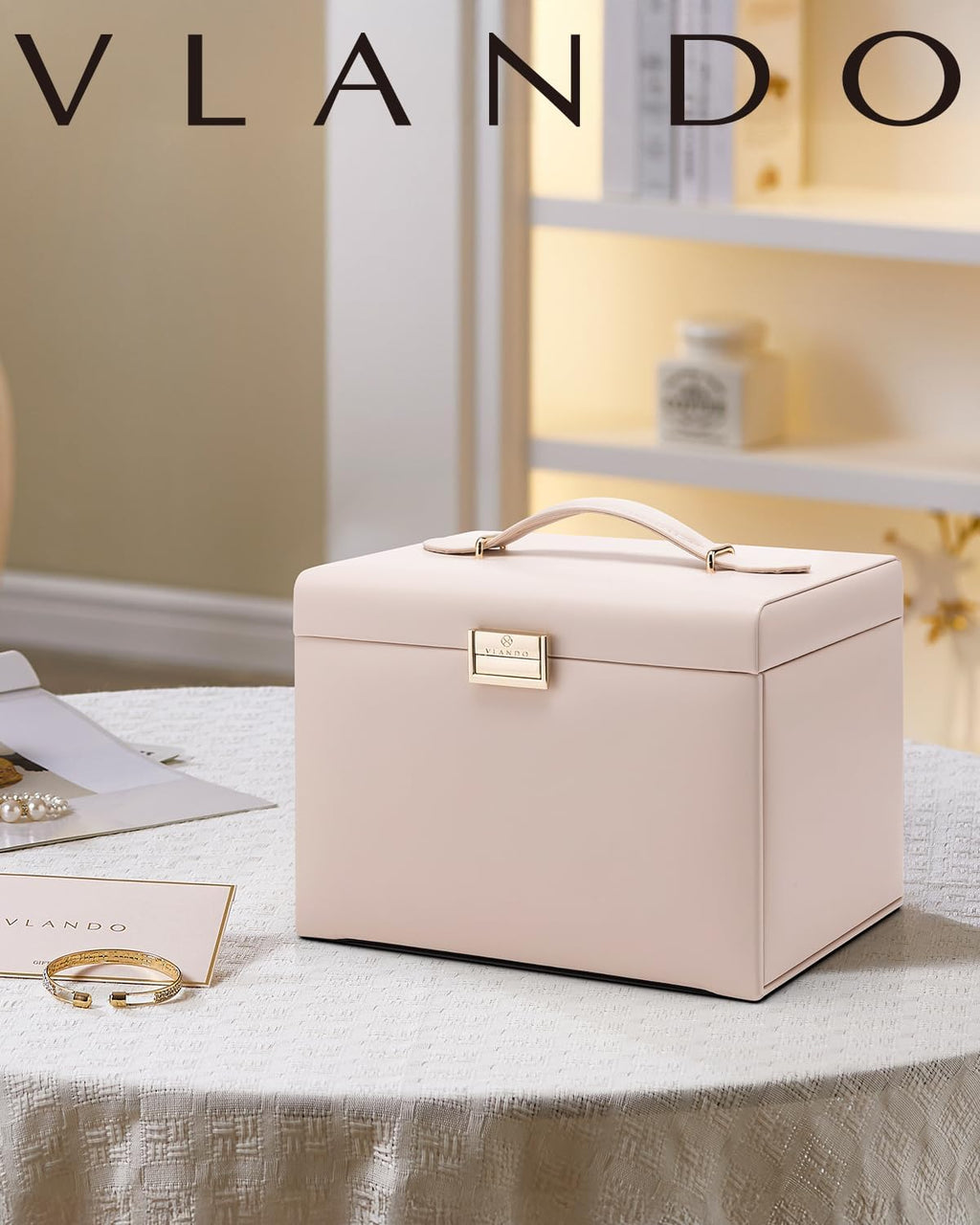 منظم صندوق مجوهرات كبير من VLANDO Quiet Luxe مكون من 4 طبقات مع مرآة وأدراج - حقيبة تخزين مجوهرات جلدية