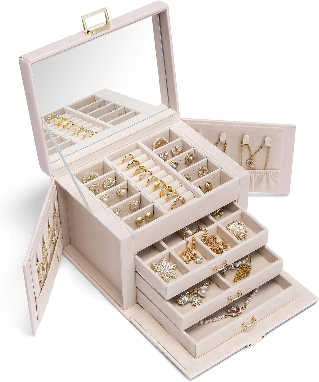 منظم صندوق مجوهرات كبير من VLANDO Quiet Luxe مكون من 4 طبقات مع مرآة وأدراج - حقيبة تخزين مجوهرات جلدية