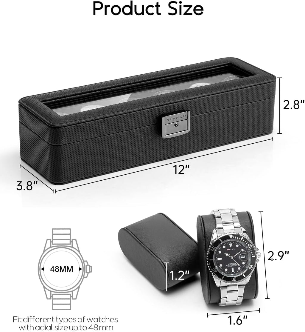 VLANDO 6-Slot Lockable Leather Watch Box with Glass Lid & Soft Pillows