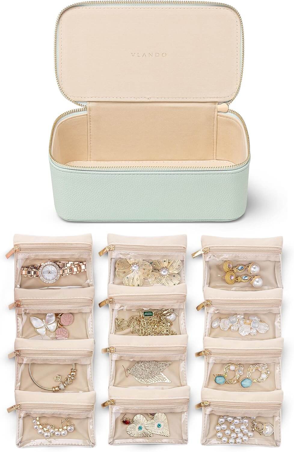 VLANDO Travel Ritua-Maidenhood Faux Leather Jewelry Organizer with 12 Visible Pouches,Portable Jewelry Storage