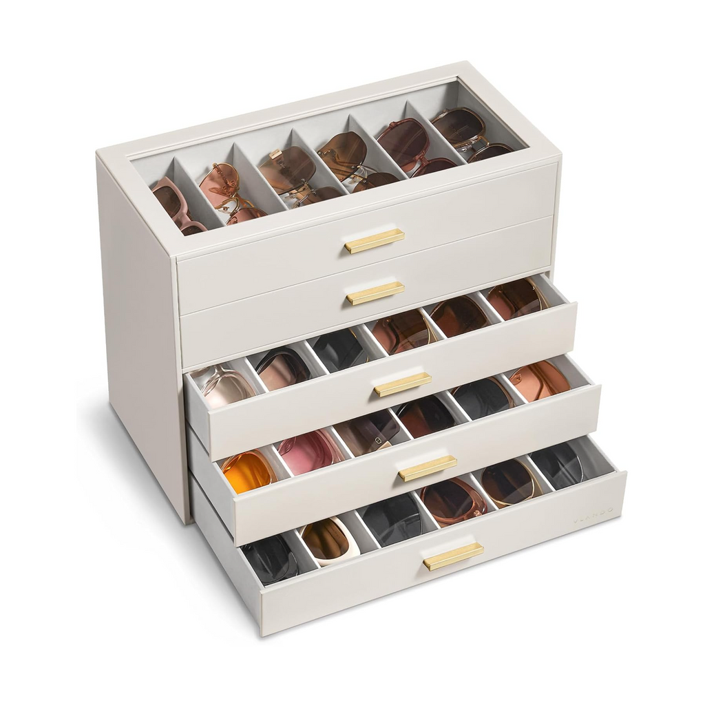 VLANDO Glasses Case 5-Layer, 30-Slot Sunglasses Organizer CasewithClear Lid & 5 Drawers
