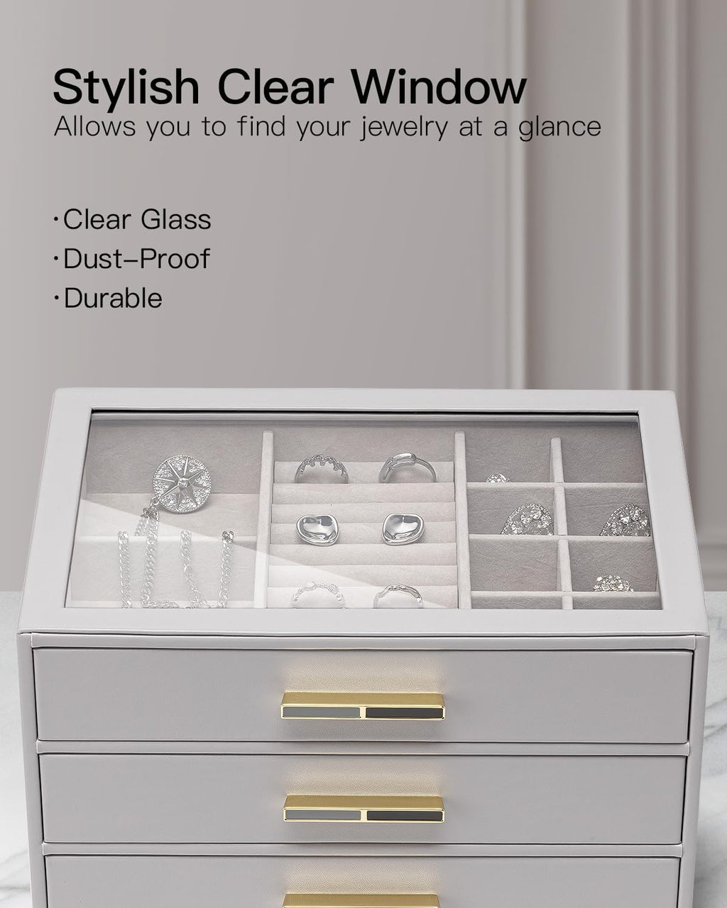 VLANDO Cinderella‑3 drawers Quiet Luxe 3‑Layer Glass Lid Jewelry Box Organizer