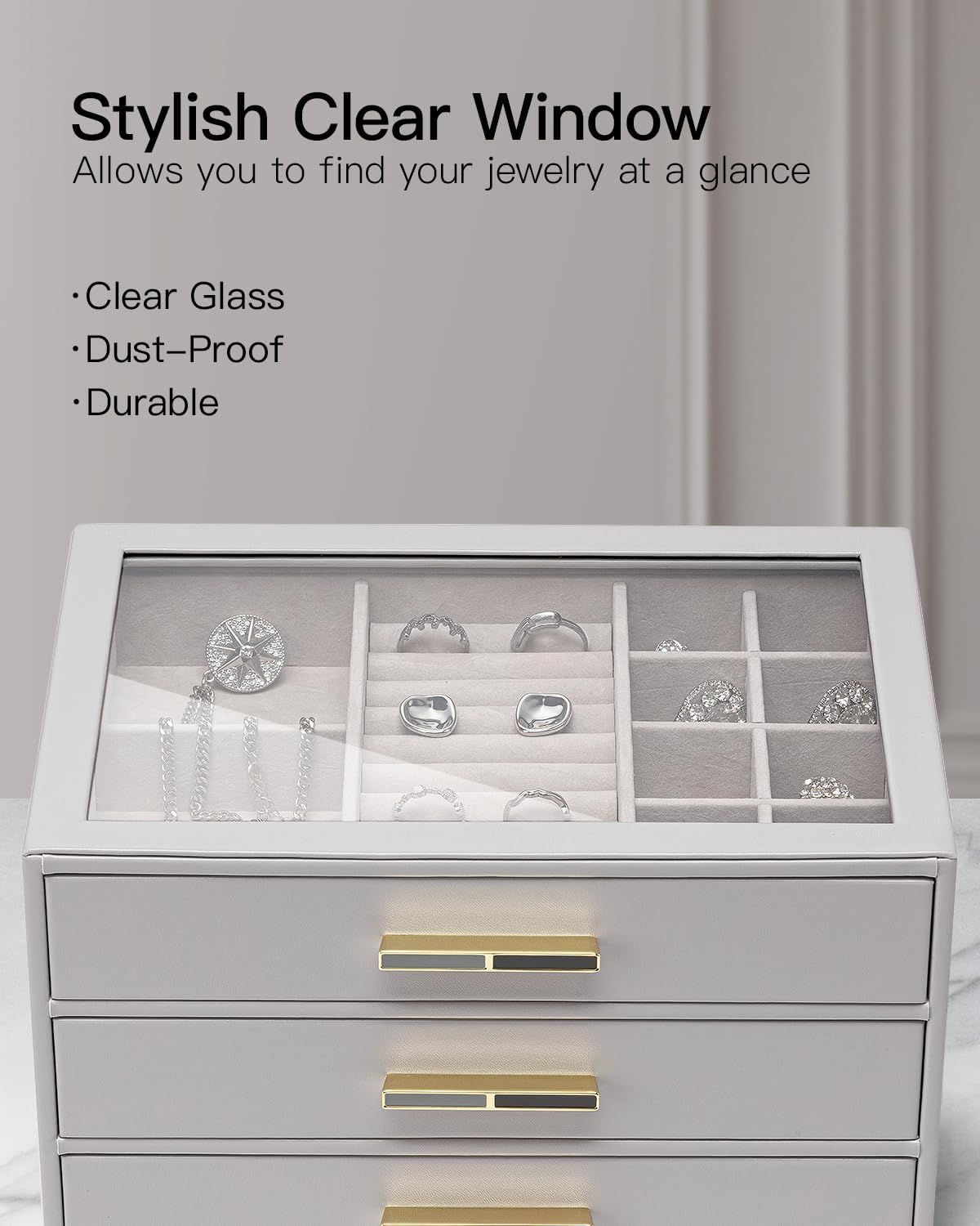 VLANDO Cinderella‑3 drawers Quiet Luxe 3‑Layer Glass Lid Jewelry Box Organizer