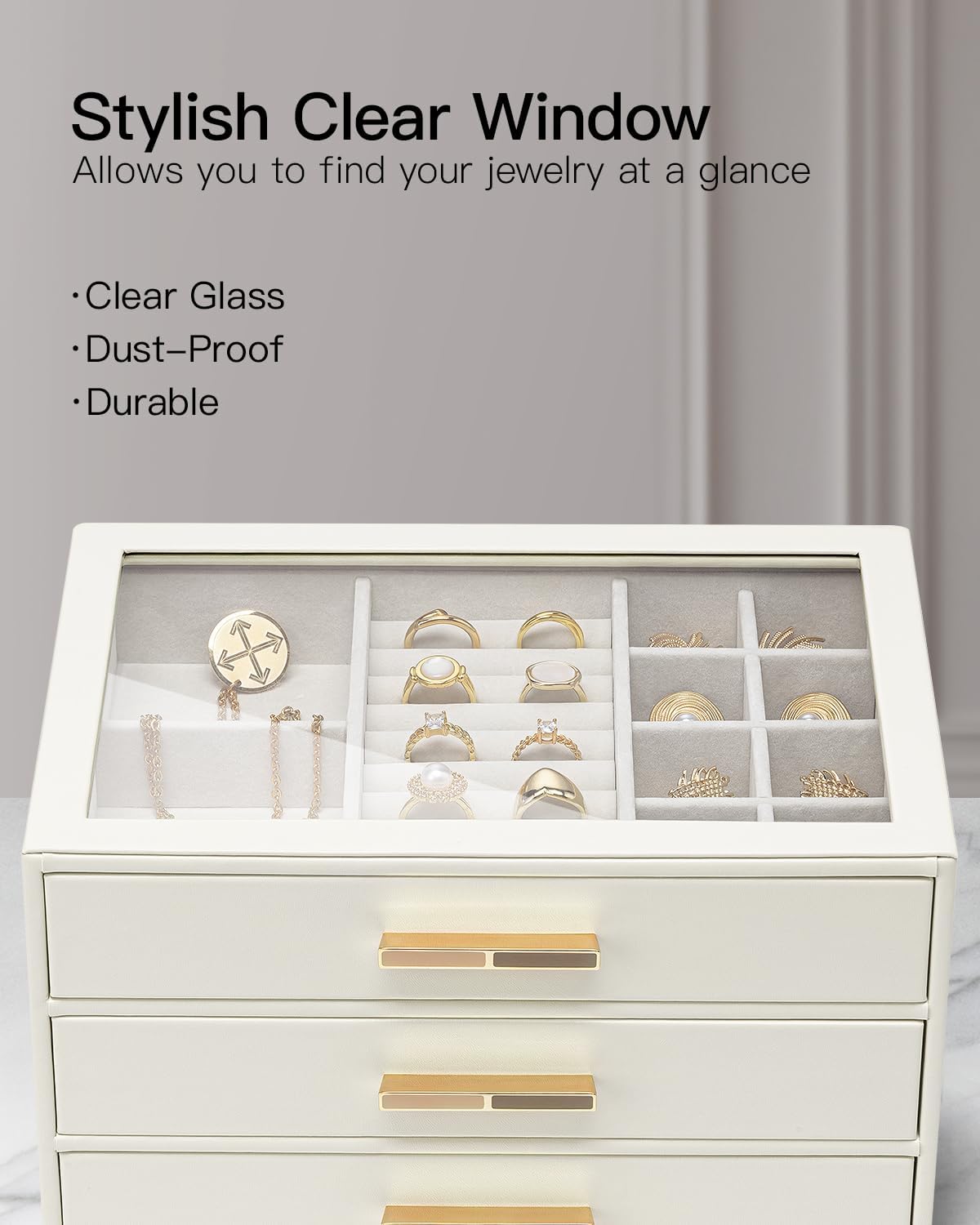 VLANDO Cinderella‑3 drawers Quiet Luxe 3‑Layer Glass Lid Jewelry Box Organizer