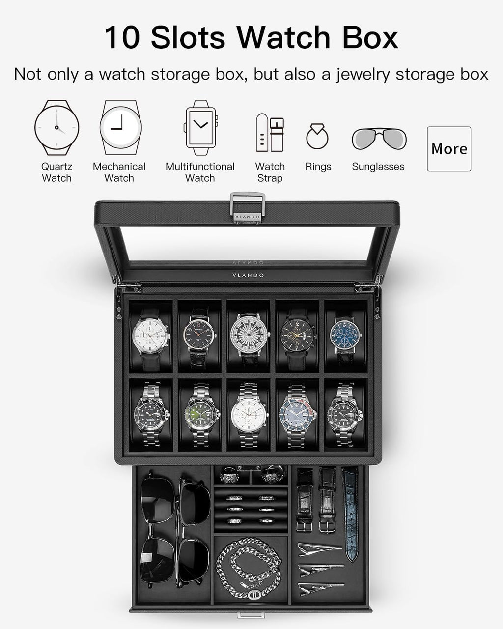VLANDO lockable watch box, material and hardware details