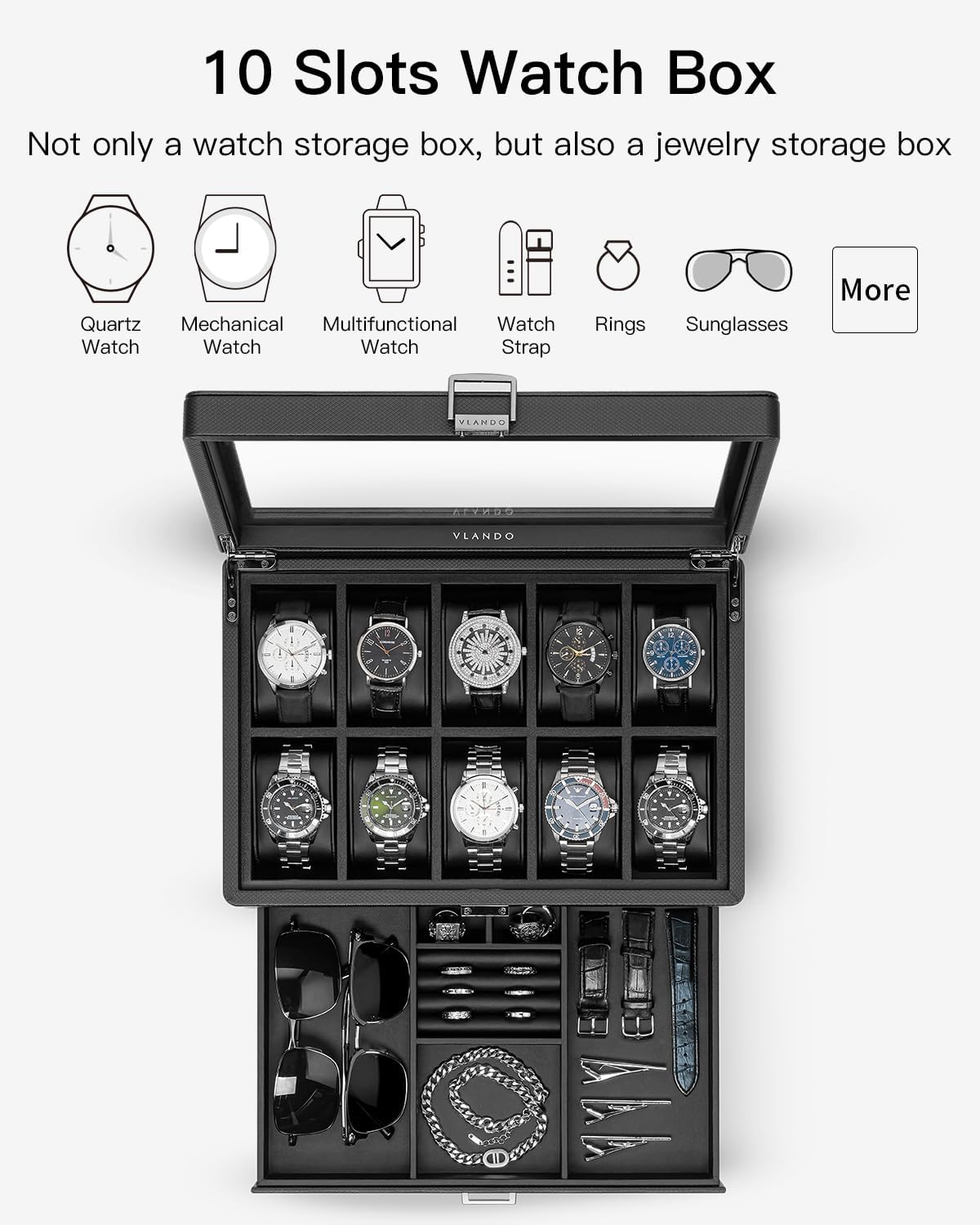 VLANDO lockable watch box, material and hardware details