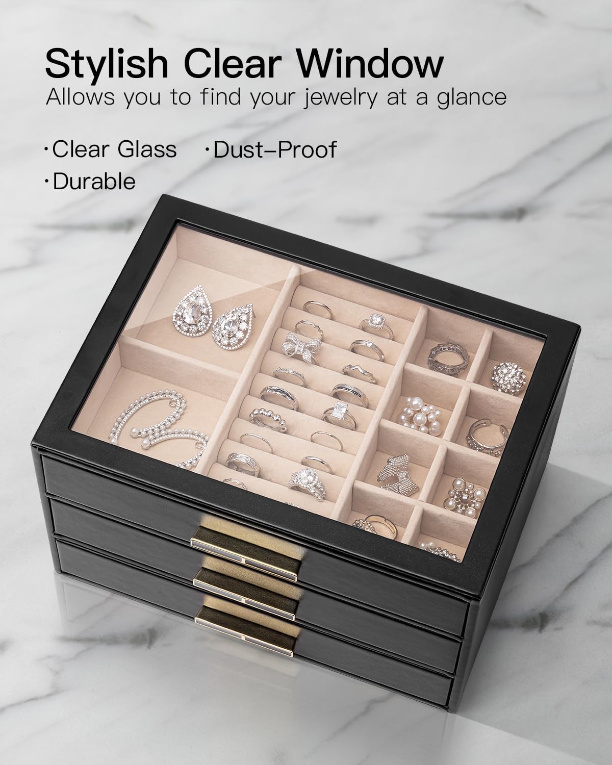 VLANDO Cinderella‑3 drawers Quiet Luxe 3‑Layer Glass Lid Jewelry Box Organizer
