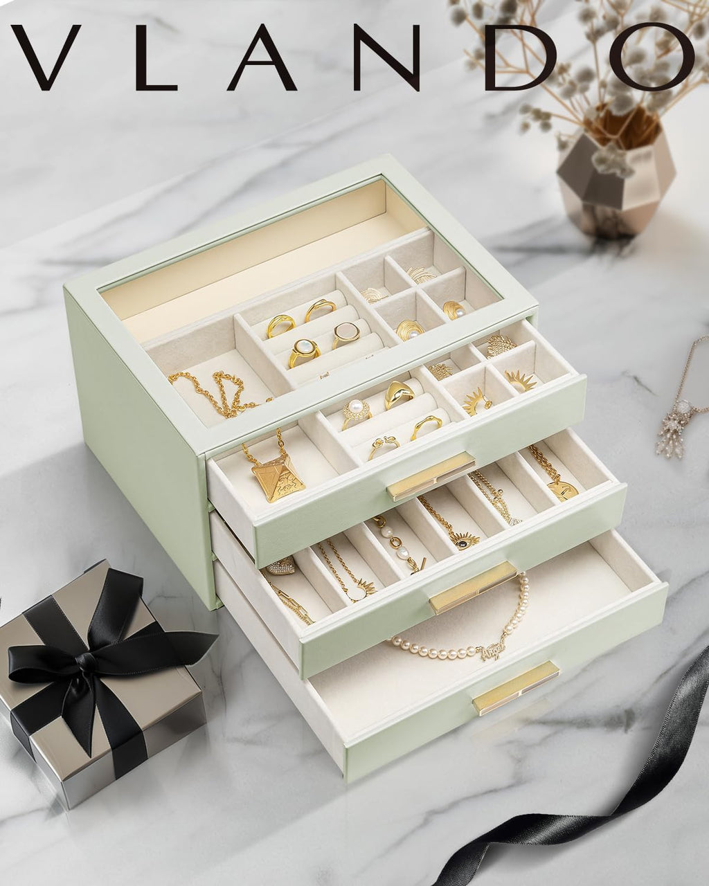 VLANDO Cinderella‑3 drawers Quiet Luxe 3‑Layer Glass Lid Jewelry Box Organizer