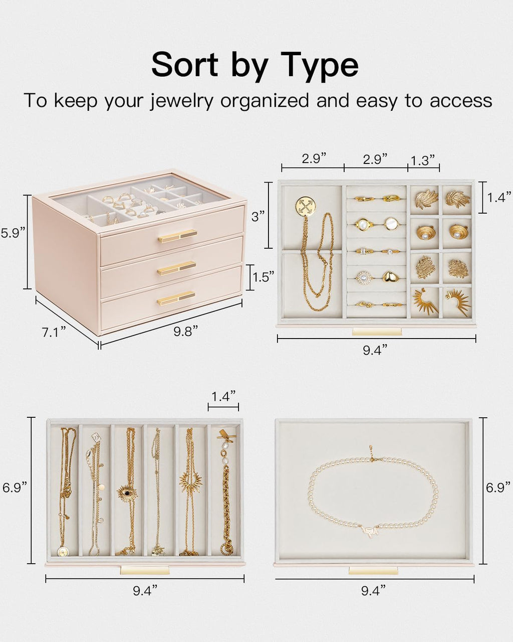 VLANDO Cinderella‑3 drawers Quiet Luxe 3‑Layer Glass Lid Jewelry Box Organizer