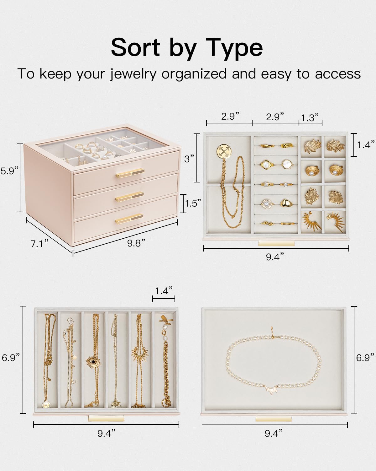 VLANDO Cinderella‑3 drawers Quiet Luxe 3‑Layer Glass Lid Jewelry Box Organizer