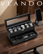 VLANDO 6-Slot Dual-Layer Lockable Watch Box Organizer with Glass Lid
